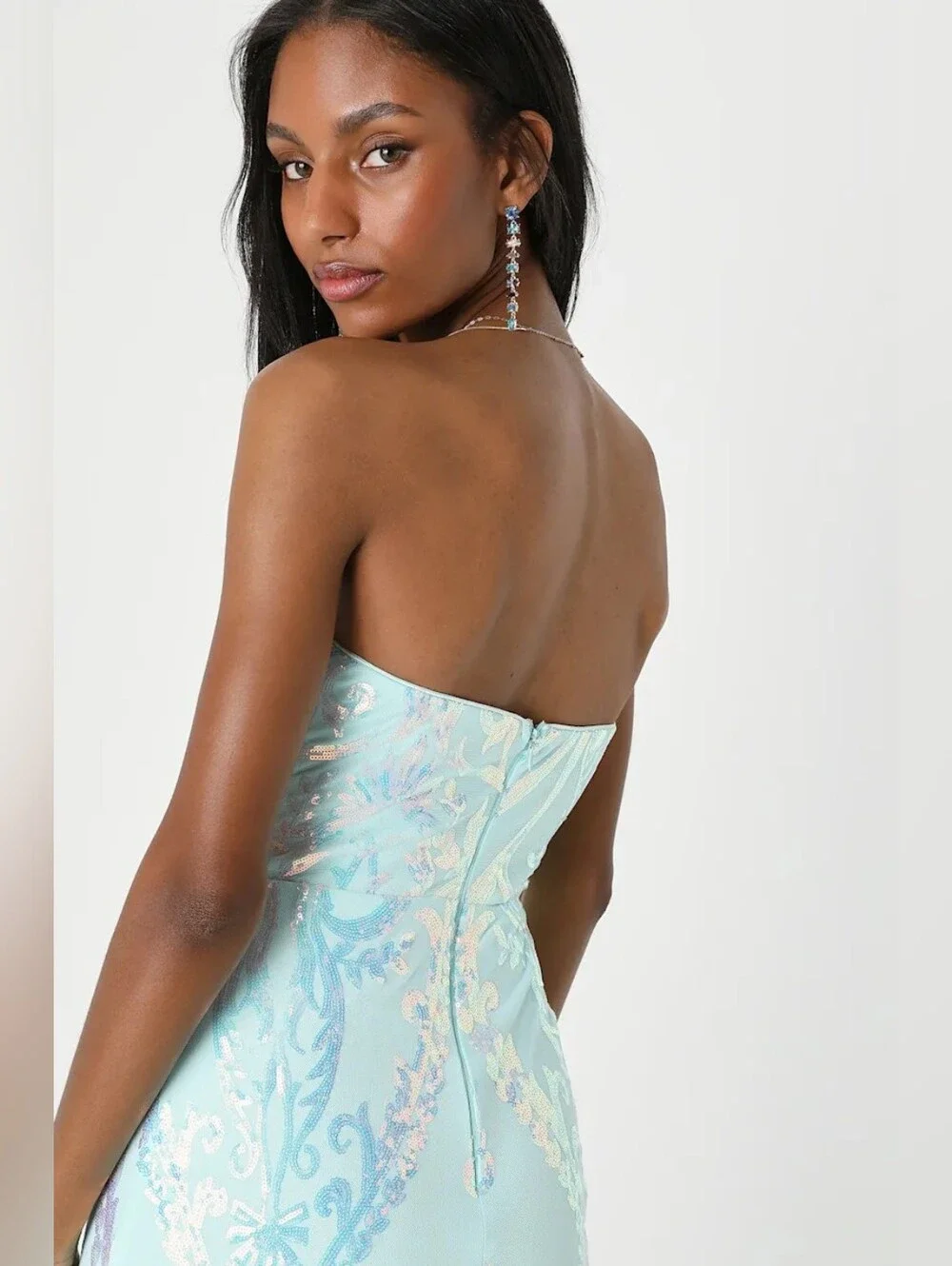 Lulus Made to Stun Light Blue Sequin Strapless Mermaid Maxi Dress XL Wedding - Picture 4 of 11